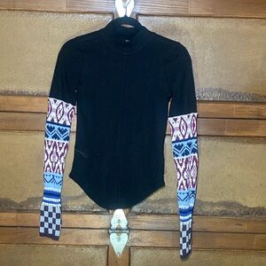 We The Free Black Mock-Neck Long Sleeve with Blue & Purple Patterned Sleeves